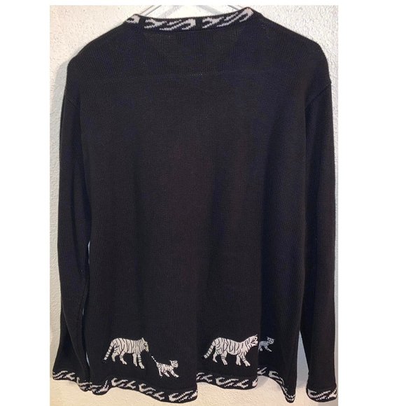 TERAZZO Black & White Embroidered Tigers Cardigan Long Sleeve Sweater Size Large - Picture 2 of 3